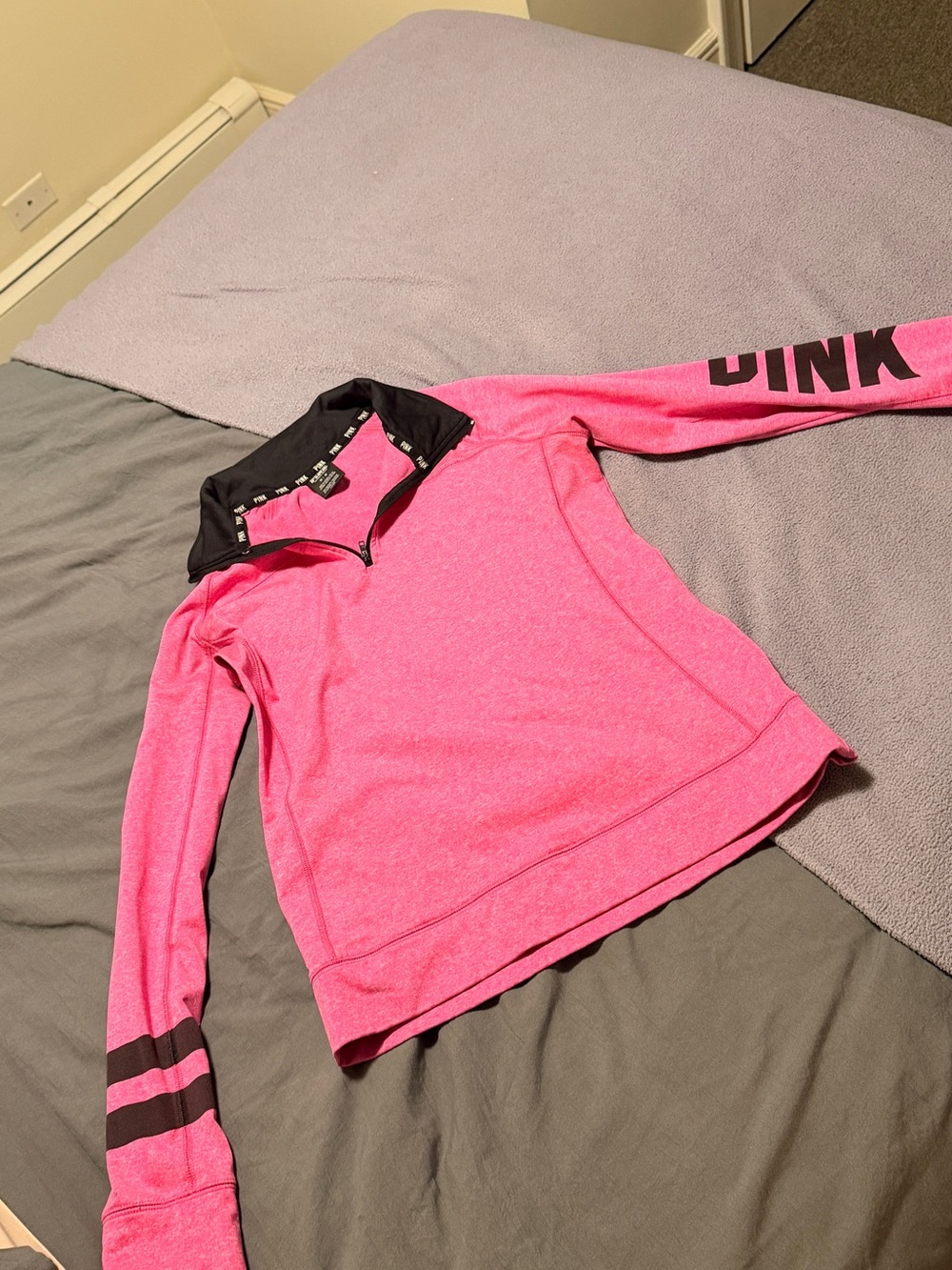 PINK Victoria's Secret Hot Pink Quarter-Zip Pullover with Black Accents